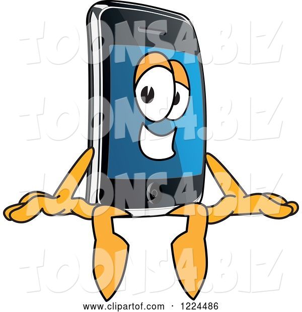 Vector Illustration of a Cartoon Smart Phone Mascot Sitting on a Sign