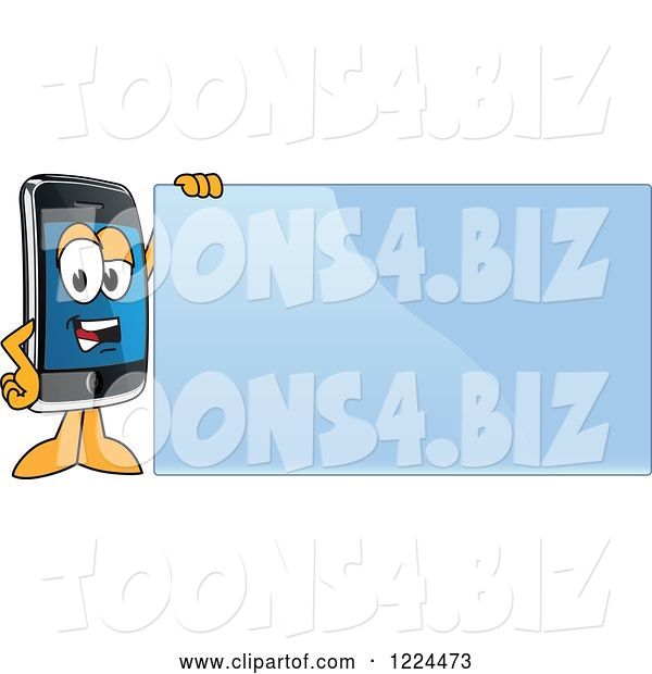 Vector Illustration of a Cartoon Smart Phone Mascot Standing by a Blue Sign