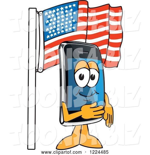 Vector Illustration of a Cartoon Smart Phone Mascot Under an American Flag
