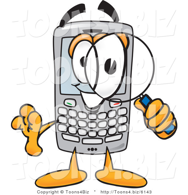 Vector Illustration of a Cartoon Smart Phone Mascot Using a Magnifying Glass