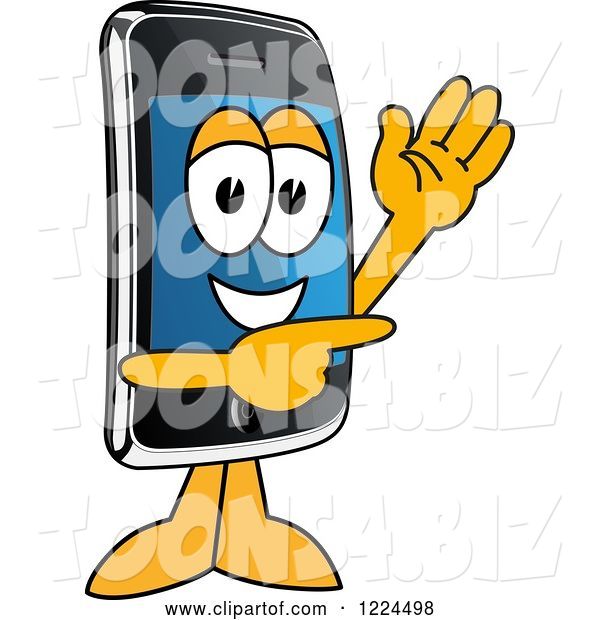 Vector Illustration of a Cartoon Smart Phone Mascot Waving and Pointing
