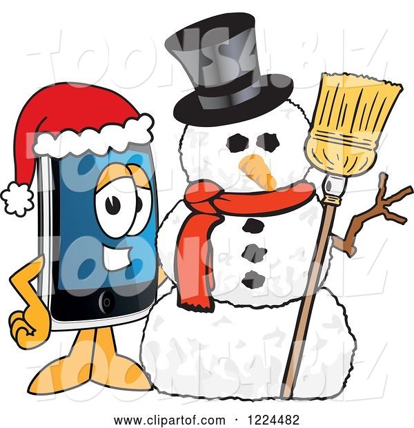 Vector Illustration of a Cartoon Smart Phone Mascot with a Christmas Snowman