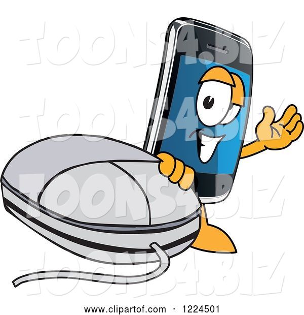 Vector Illustration of a Cartoon Smart Phone Mascot with a Computer Mouse