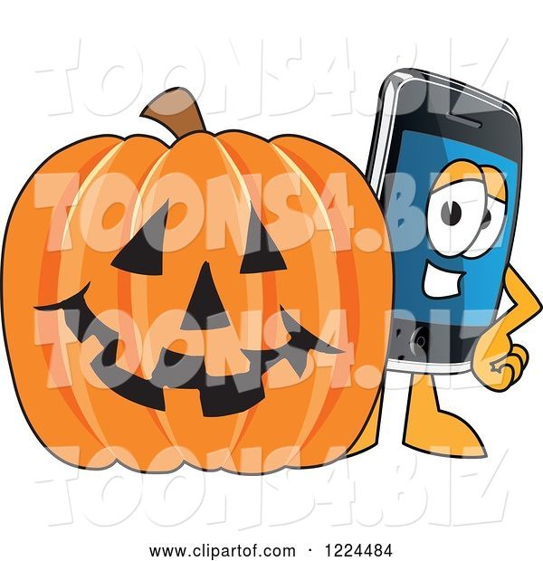 Vector Illustration of a Cartoon Smart Phone Mascot with a Halloween Pumpkin