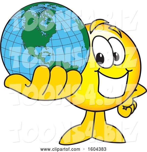 Vector Illustration of a Cartoon Smiley Mascot Holding a Globe