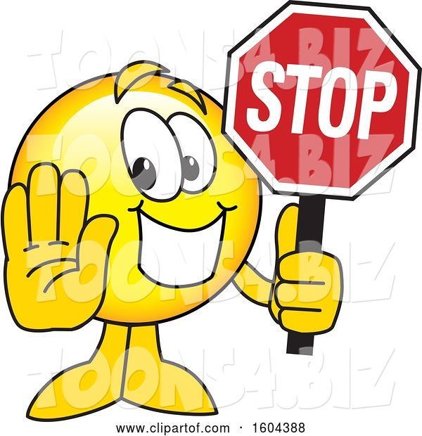 Vector Illustration of a Cartoon Smiley Mascot Holding a Stop Sign
