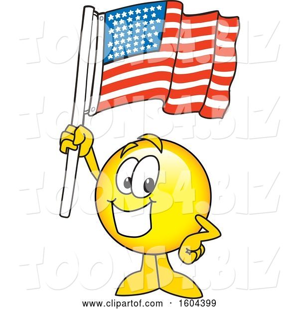 Vector Illustration of a Cartoon Smiley Mascot Holding an American Flag
