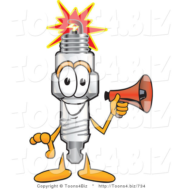 Vector Illustration of a Cartoon Spark Plug Mascot Holding a Red Megaphone Bullhorn