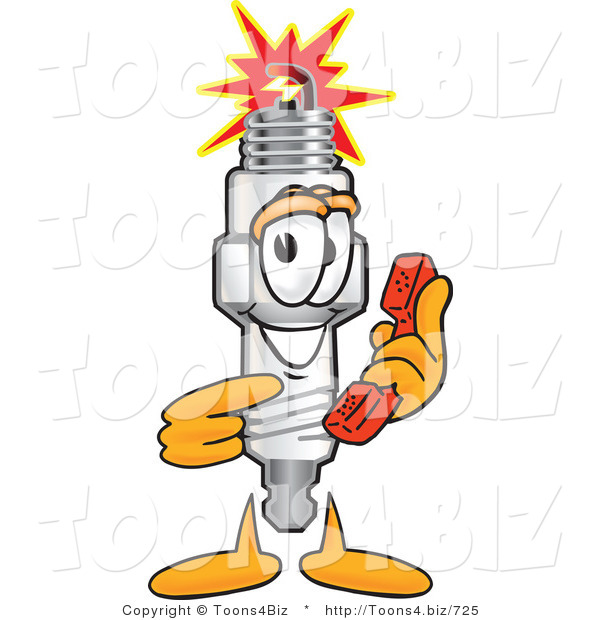 Vector Illustration of a Cartoon Spark Plug Mascot Holding and Pointing to a Red Phone