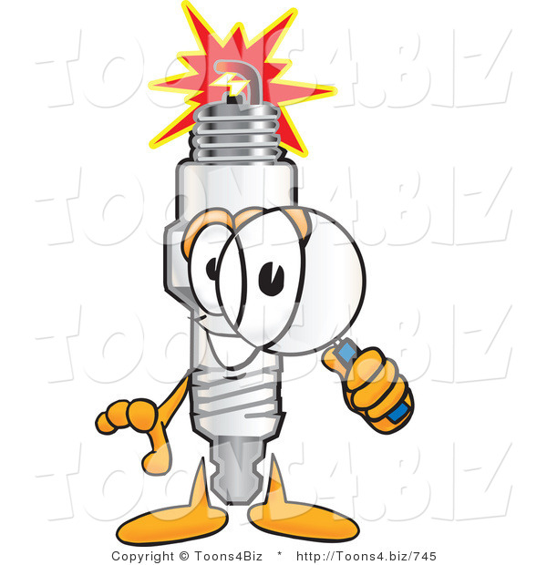 Vector Illustration of a Cartoon Spark Plug Mascot Looking Through a Magnifying Glass