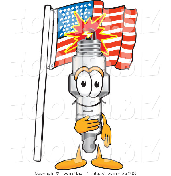 Vector Illustration of a Cartoon Spark Plug Mascot Pledging Allegiance to the American Flag