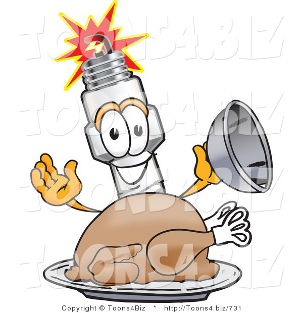 Vector Illustration of a Cartoon Spark Plug Mascot Serving a Thanksgiving Turkey on a Platter