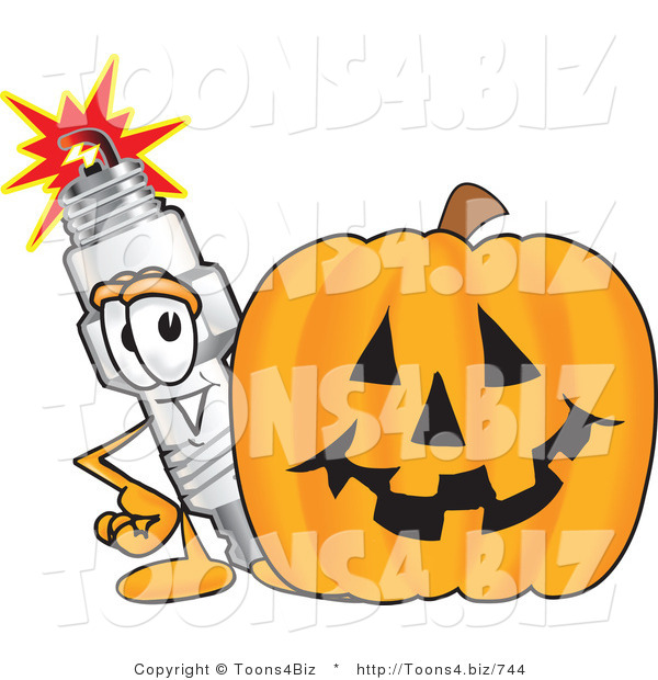 Vector Illustration of a Cartoon Spark Plug Mascot Standing by a Halloween Pumpkin