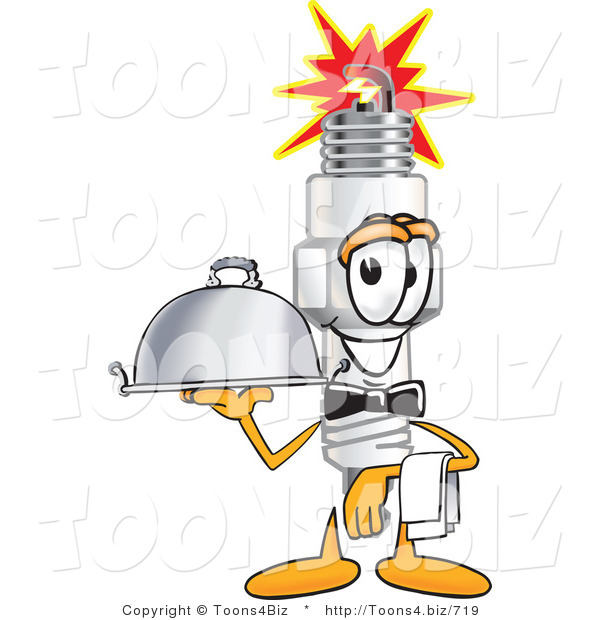 Vector Illustration of a Cartoon Spark Plug Mascot Waiting Tables and Serving a Dinner Platter