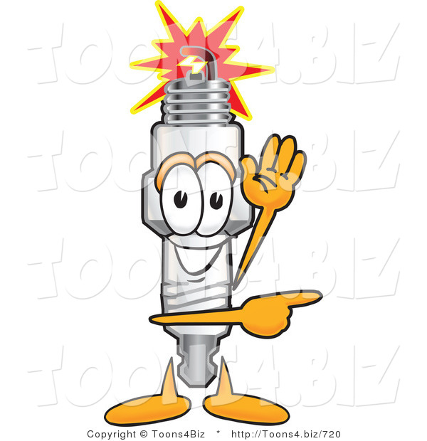 Vector Illustration of a Cartoon Spark Plug Mascot Waving and Pointing to the Right