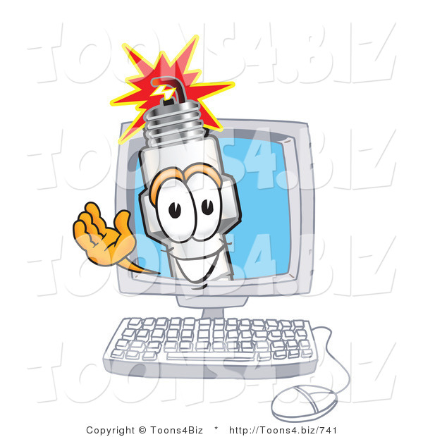Vector Illustration of a Cartoon Spark Plug Mascot Waving from Inside a Computer Screen