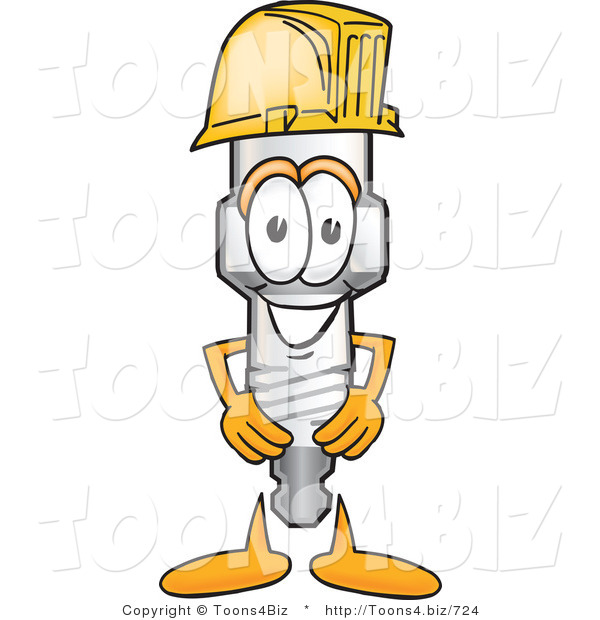 Vector Illustration of a Cartoon Spark Plug Mascot Wearing a Yellow Hardhat Helmet