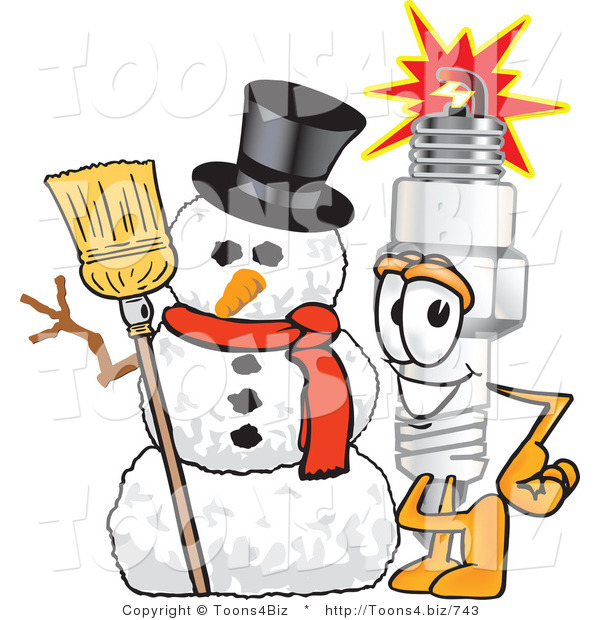 Vector Illustration of a Cartoon Spark Plug Mascot with a Snowman on Christmas