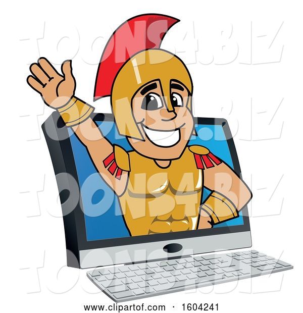 Vector Illustration of a Cartoon Spartan Warrior Mascot Emerging from a Computer Screen