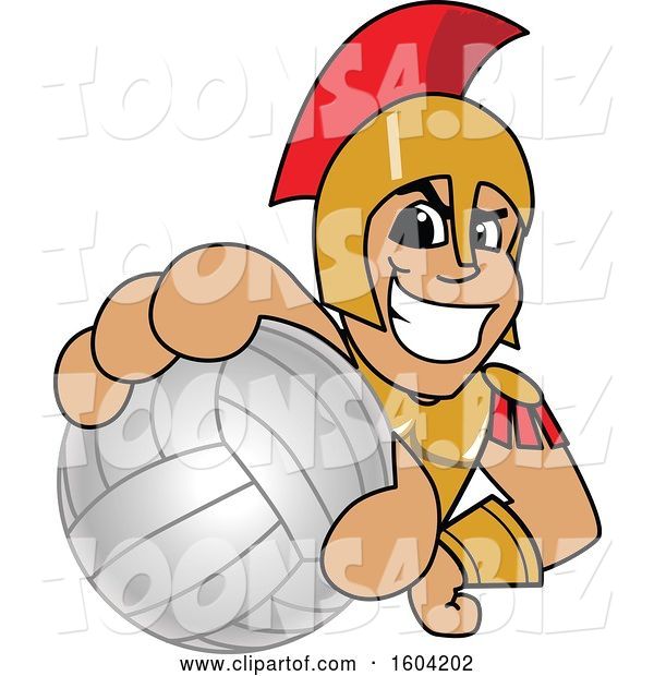 Vector Illustration of a Cartoon Spartan Warrior Mascot Grabbing a Volleyball