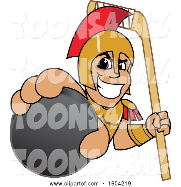 Vector Illustration of a Cartoon Spartan Warrior Mascot Holding a Hockey Puck and Stick