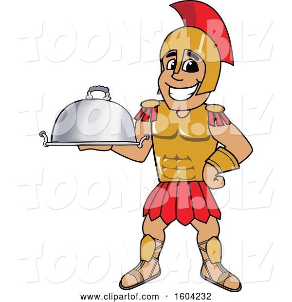 Vector Illustration of a Cartoon Spartan Warrior Mascot Holding a Platter