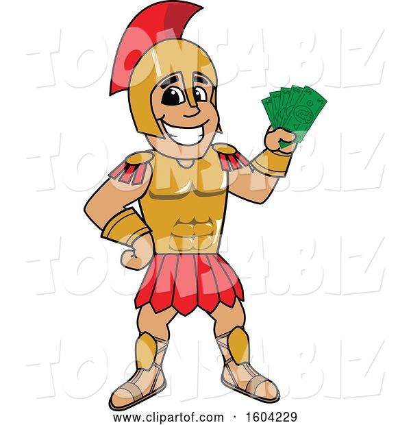 Vector Illustration of a Cartoon Spartan Warrior Mascot Holding Cash Money