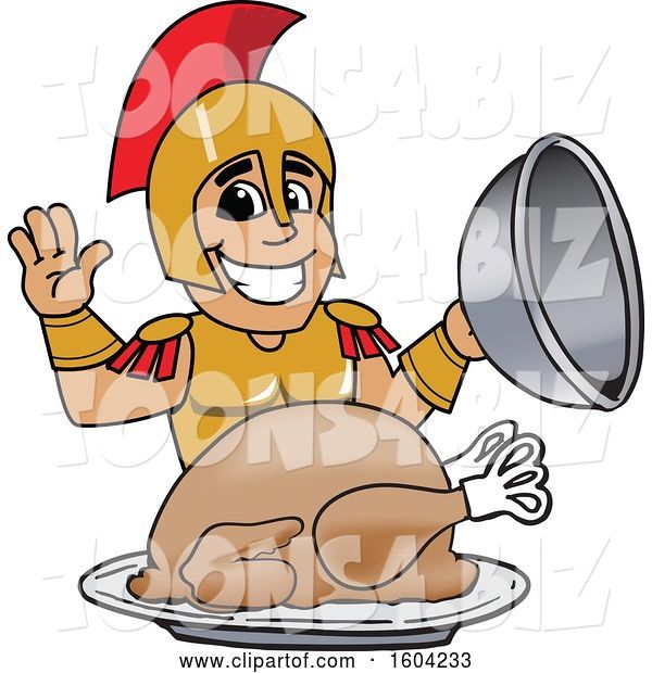 Vector Illustration of a Cartoon Spartan Warrior Mascot Serving a Thanksgiving Turkey