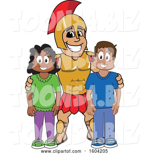Vector Illustration of a Cartoon Spartan Warrior Mascot with Students