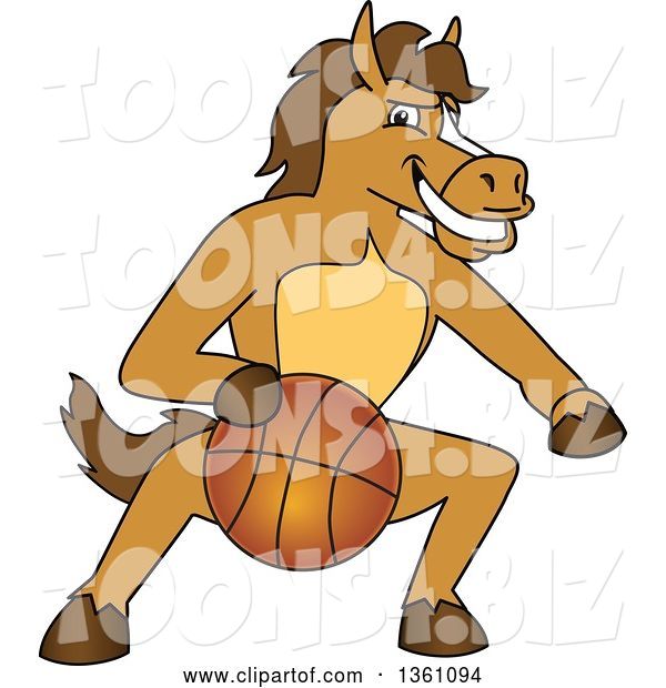 Vector Illustration of a Cartoon Stallion School Mascot Dribbling a Basketball