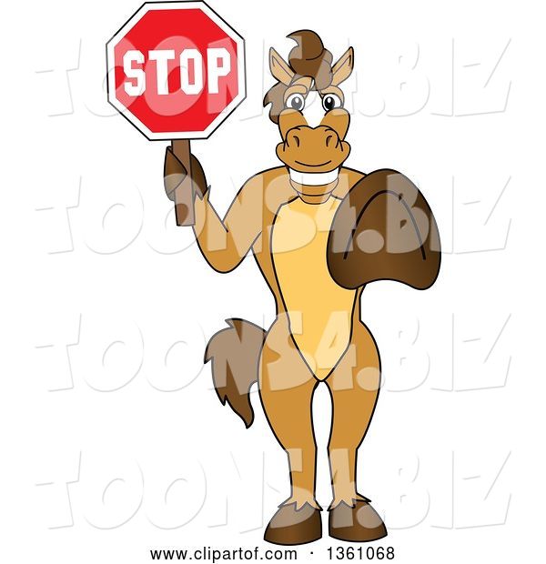 Vector Illustration of a Cartoon Stallion School Mascot Gesturing and Holding a Stop Sign