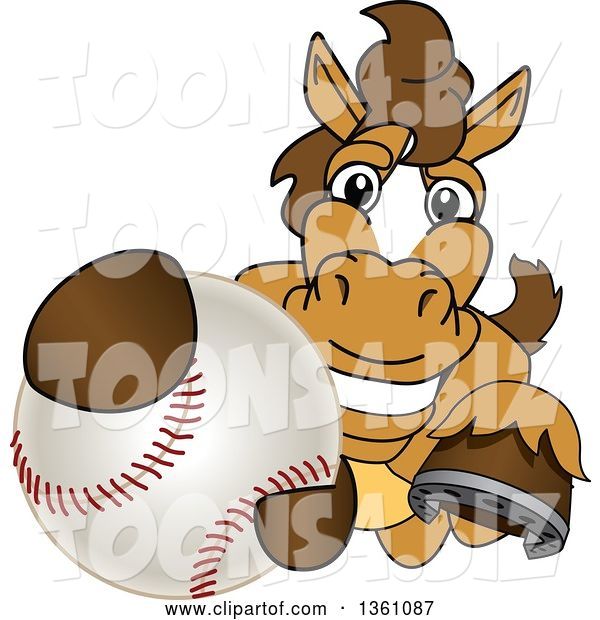Vector Illustration of a Cartoon Stallion School Mascot Grabbing a Baseball