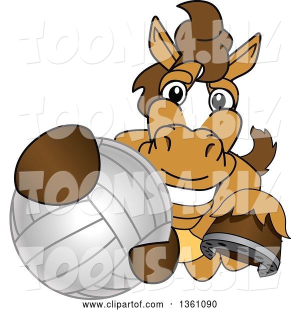 Vector Illustration of a Cartoon Stallion School Mascot Grabbing a Volleyball
