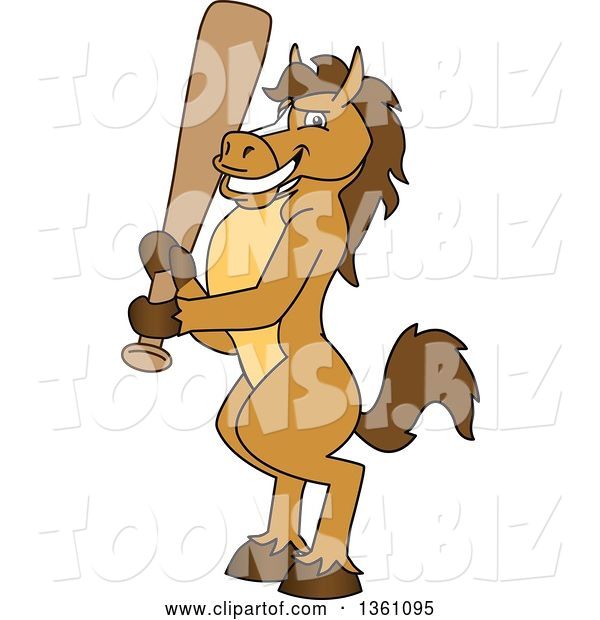 Vector Illustration of a Cartoon Stallion School Mascot Holding a Baseball Bat