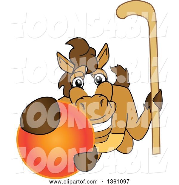 Vector Illustration of a Cartoon Stallion School Mascot Holding a Stick and Grabbing a Field Hockey Ball