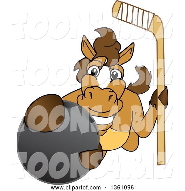 Vector Illustration of a Cartoon Stallion School Mascot Holding a Stick and Grabbing a Hockey Puck