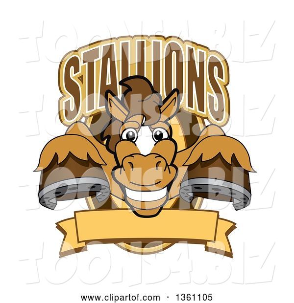Vector Illustration of a Cartoon Stallion School Mascot Leaping out of a Shield with a Blank Banner and Text