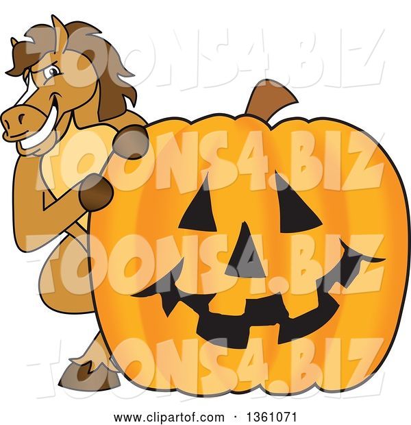 Vector Illustration of a Cartoon Stallion School Mascot Looking Around a Halloween Jackolantern Pumpkin
