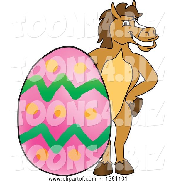Vector Illustration of a Cartoon Stallion School Mascot Posing with a Giant Easter Egg