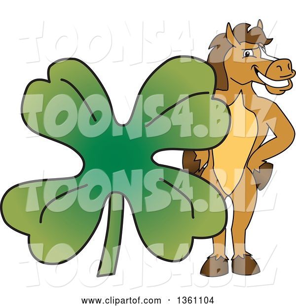 Vector Illustration of a Cartoon Stallion School Mascot Posing with a Giant Lucky Four Leaf St Patricks Day Clover