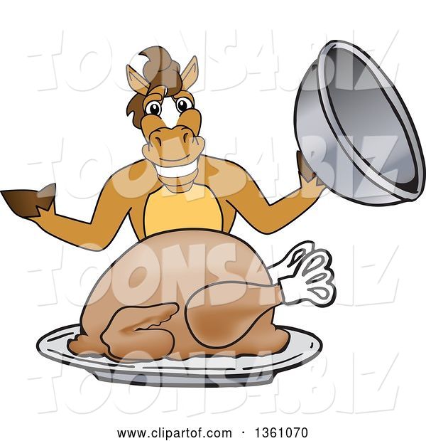 Vector Illustration of a Cartoon Stallion School Mascot Serving a Thanksgiving Turkey