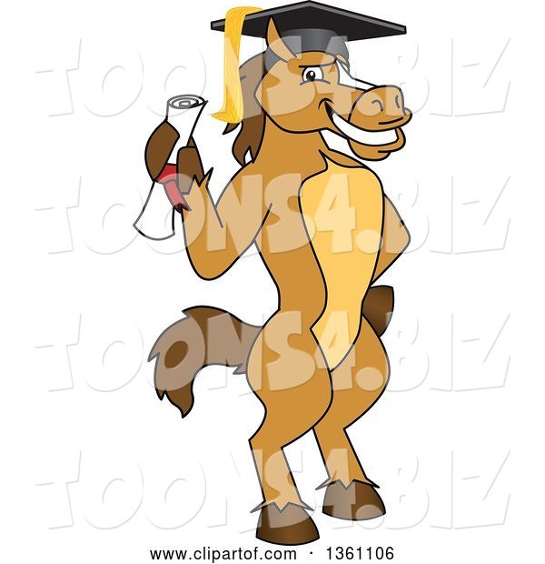 Vector Illustration of a Cartoon Stallion School Mascot Student Graduate Holding a Diploma