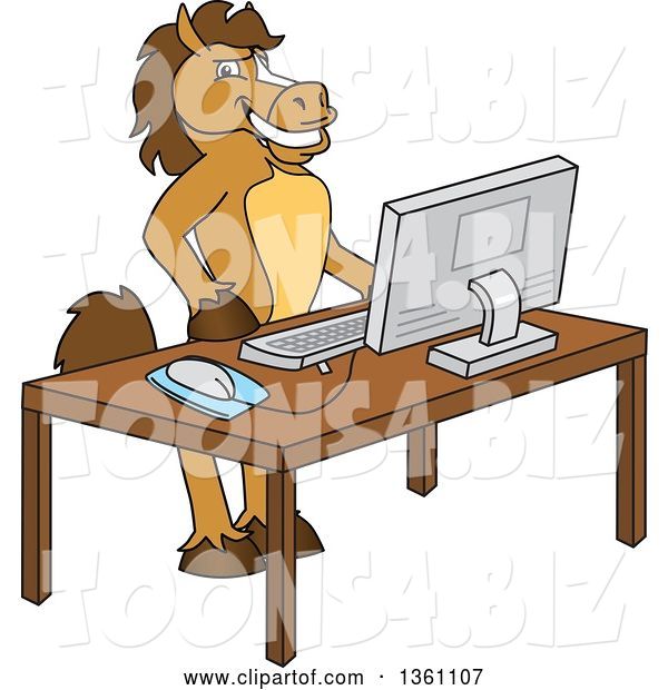 Vector Illustration of a Cartoon Stallion School Mascot Student in a Computer Lab