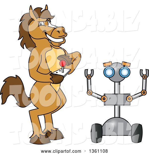 Vector Illustration of a Cartoon Stallion School Mascot Student Operating a Robot