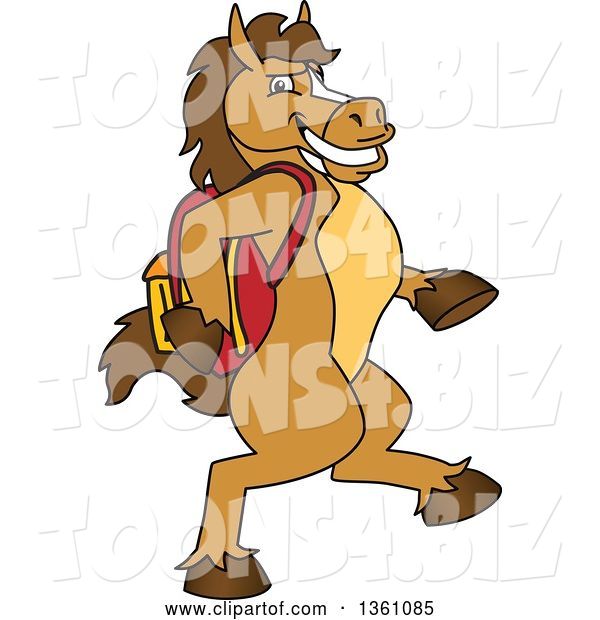 Vector Illustration of a Cartoon Stallion School Mascot Student Walking with a Backpack