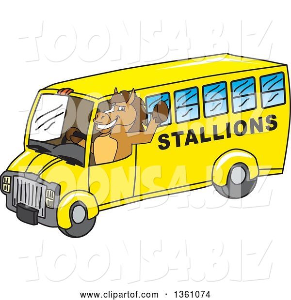 Vector Illustration of a Cartoon Stallion School Mascot Waving and Driving a Bus