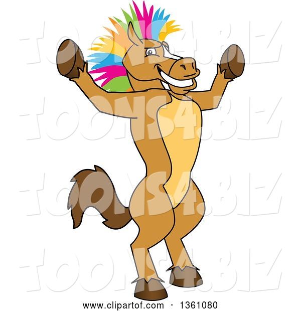 Vector Illustration of a Cartoon Stallion School Mascot with a Colorful Mohawk, Cheering