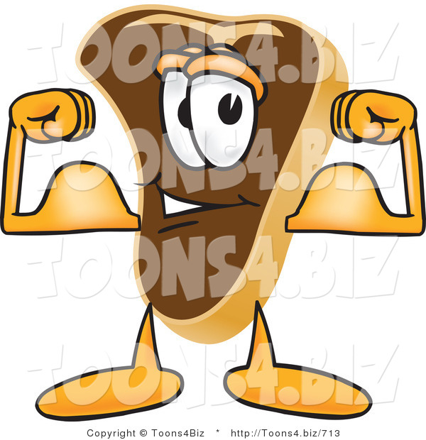 Vector Illustration of a Cartoon Steak Mascot Flexing His Strong Arm Muscles