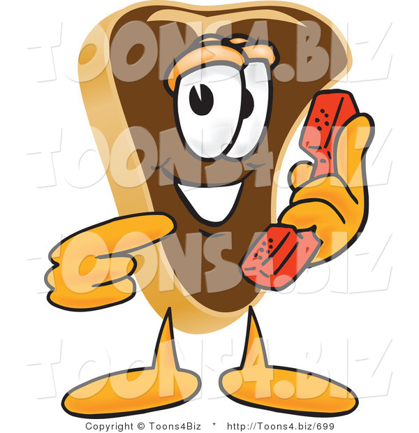 Vector Illustration of a Cartoon Steak Mascot Holding and Pointing to a Red Phone