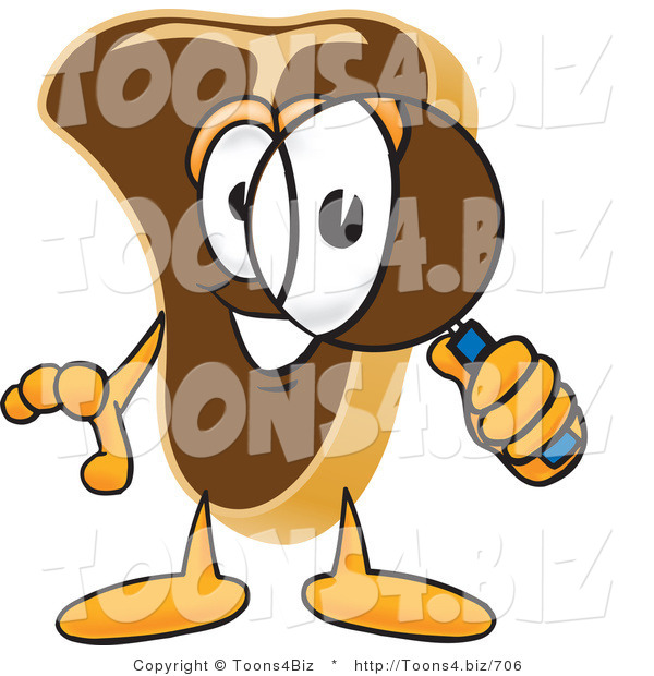 Vector Illustration of a Cartoon Steak Mascot Looking Through a Magnifying Glass